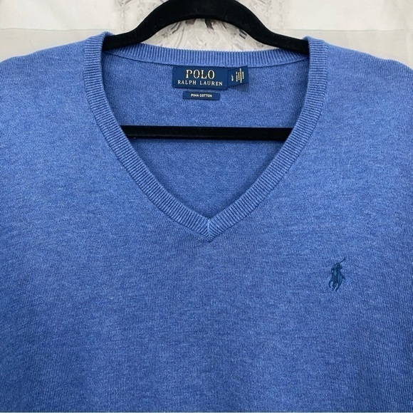 Polo Ralph Lauren Mens Large Solid Blue Sweater V Neck Long Sleeve Pima Cotton - Picture 3 of 7